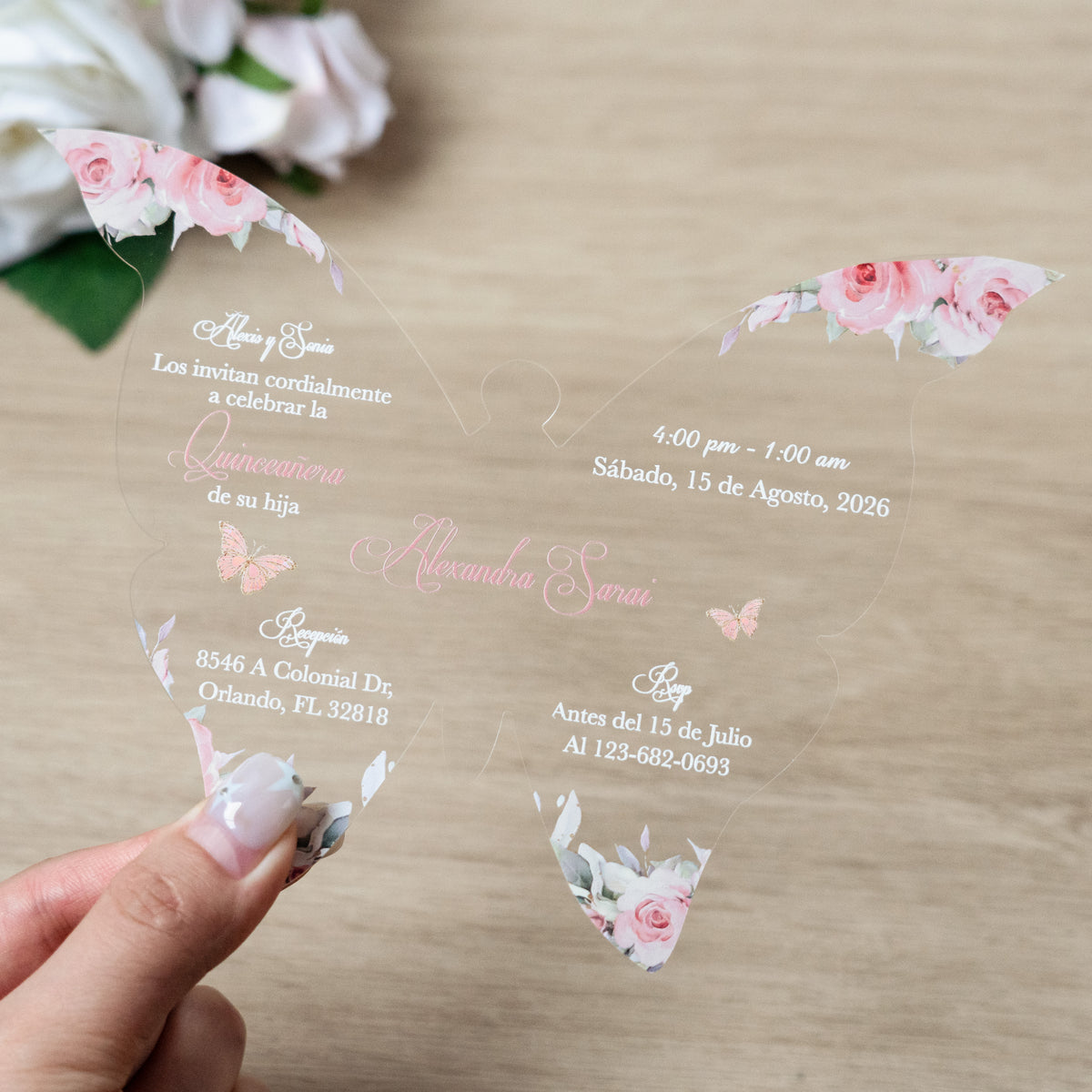 PONATIA 1mm/0.04" Dusty Rose Butterfly Clear Acrylic Quinceanera Invitation Card with Envelope