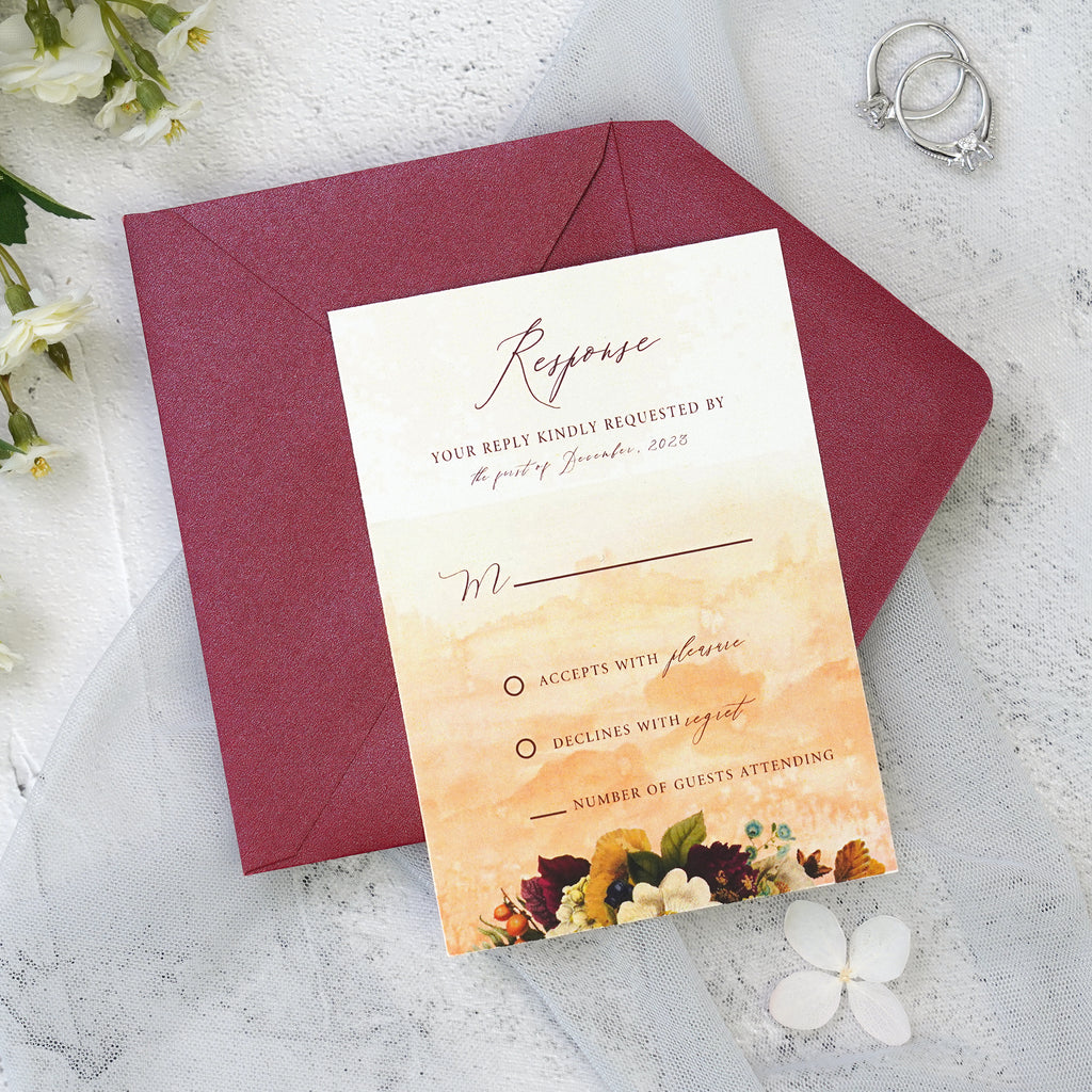PONATIA Burgundy Panel Pocket Wedding Invitations Cards with Envelopes