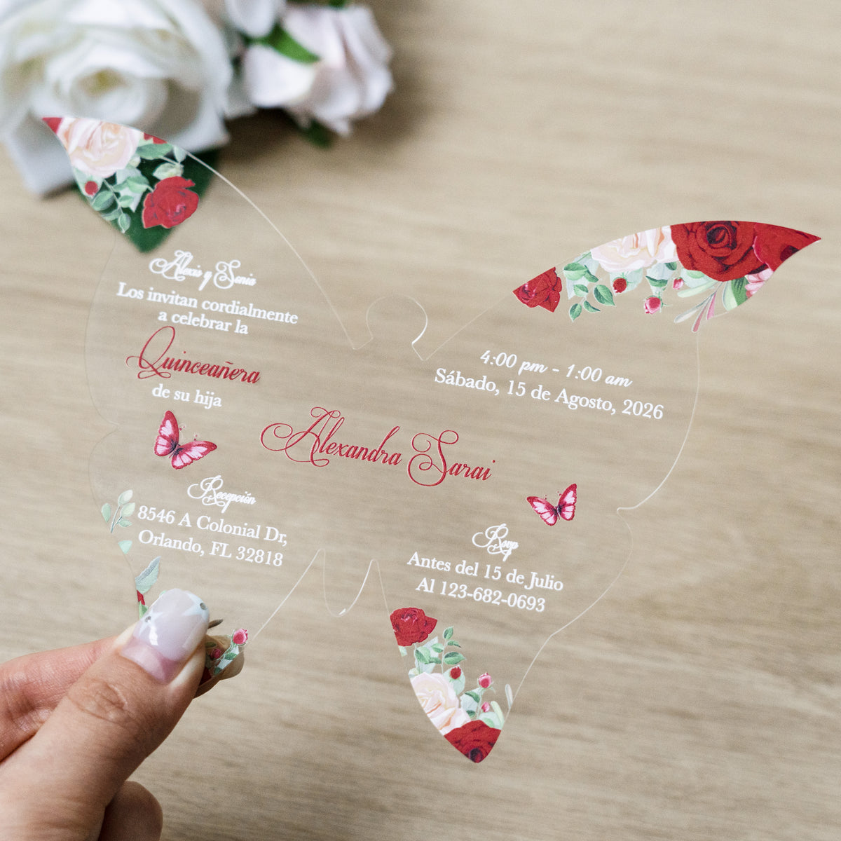 PONATIA 1mm/0.04" Red Butterfly Clear Acrylic Quinceanera Invitation Card with Envelopes