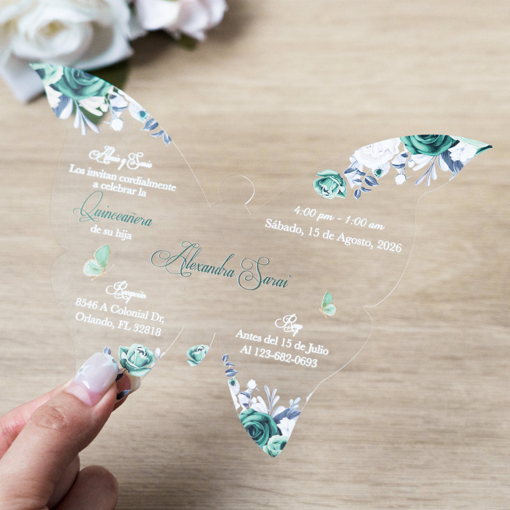 PONATIA 1mm/0.04" Emerald Green Butterfly Clear Acrylic Quinceanera Invitation Card with Envelopes