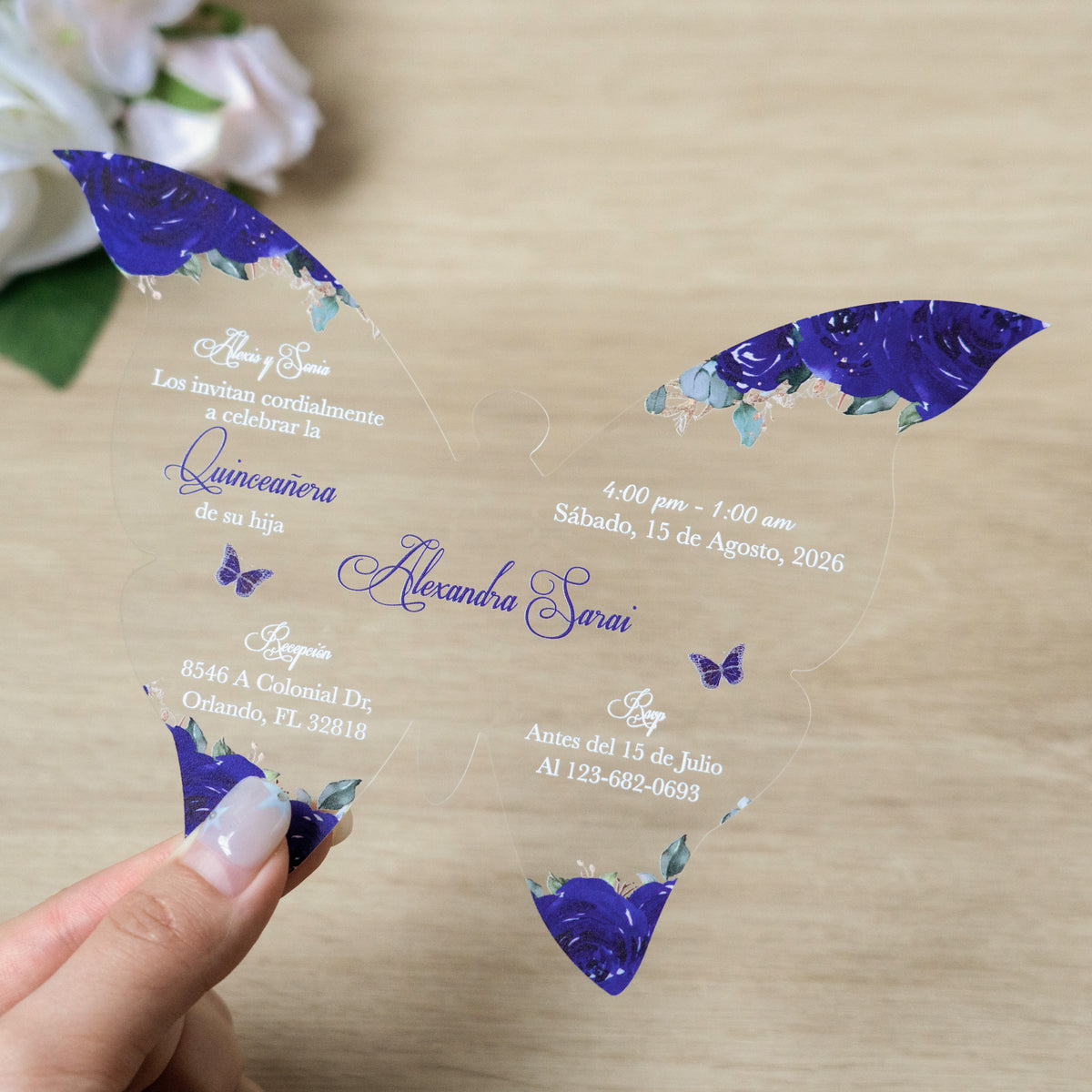 PONATIA 1mm/0.04" Royal Blue Butterfly Clear Acrylic Quinceanera Invitation Card with Envelopes