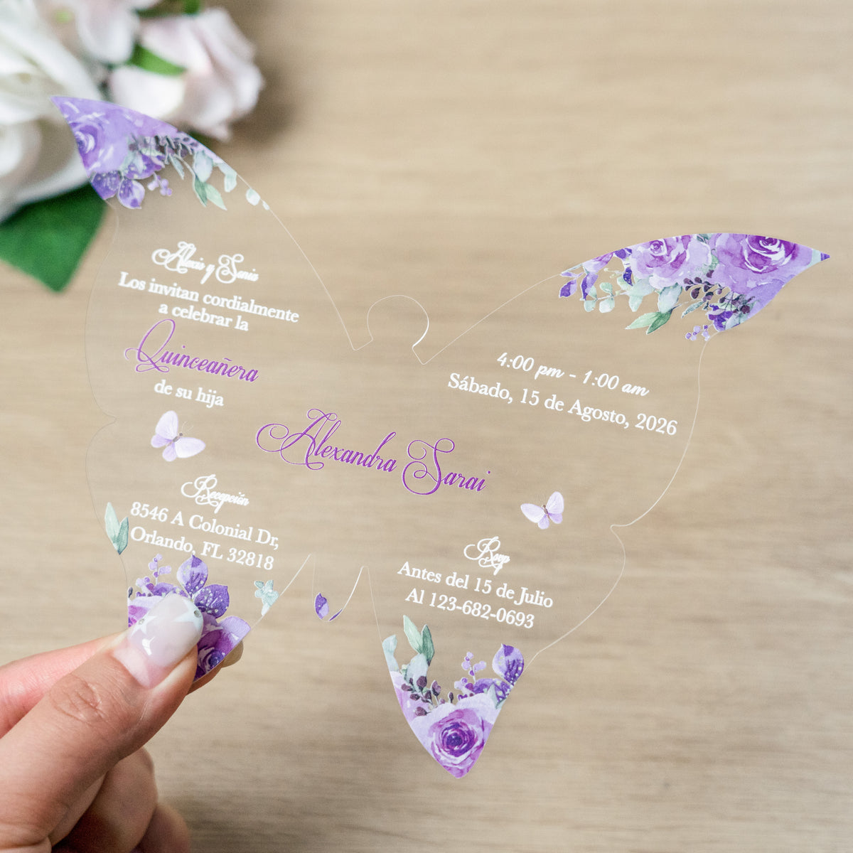PONATIA 1mm/0.04" Lilac Butterfly Clear Acrylic Quinceanera Invitation Card with Envelopes