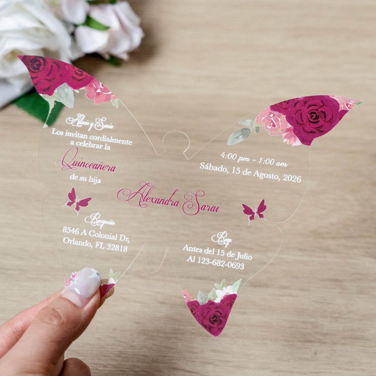 PONATIA 1mm/0.04" Fuchsia Butterfly Clear Acrylic Quinceanera Invitation Card with Envelopes