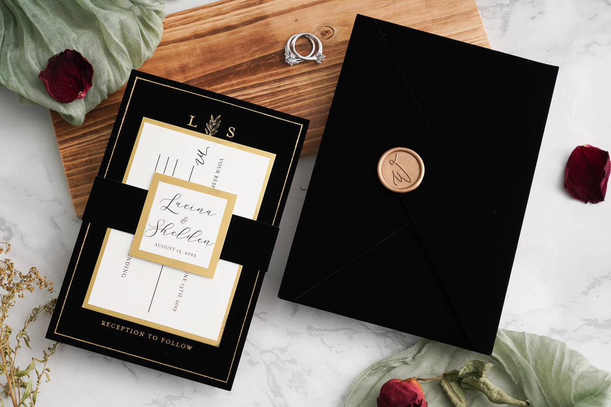PONATIA Black Gold Foil Print Velvet Wedding Invitation Cards with Envelopes