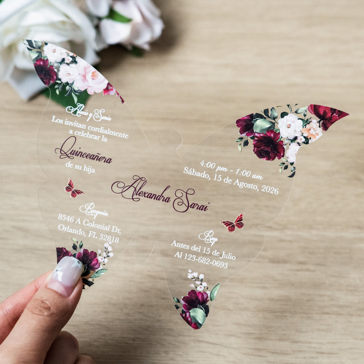 PONATIA 1mm/0.04" Burgundy Butterfly Clear Acrylic Quinceanera Invitation Card with Envelope