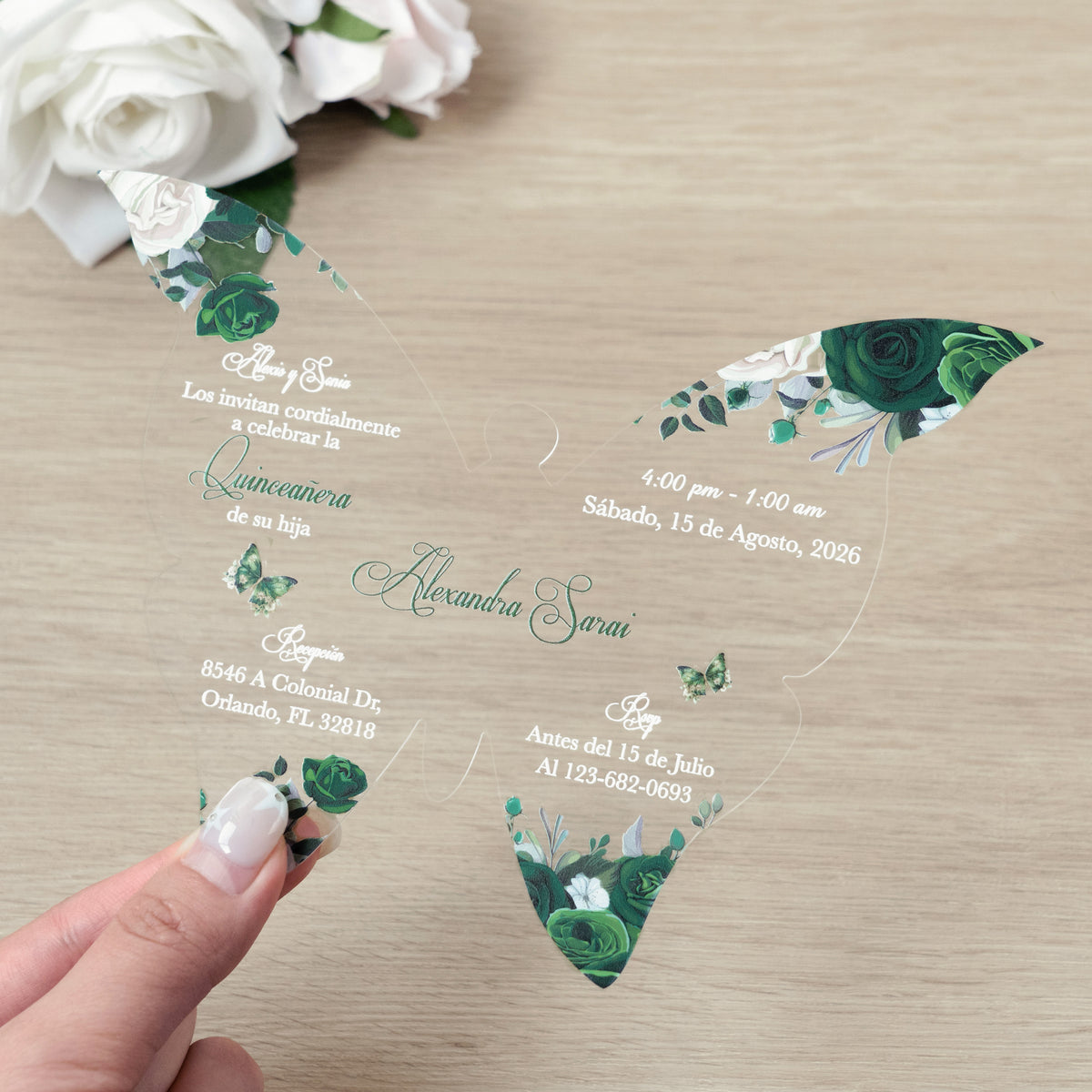 PONATIA 1mm/0.04" Emerald Green Butterfly Clear Acrylic Quinceanera Invitation Card with Envelopes