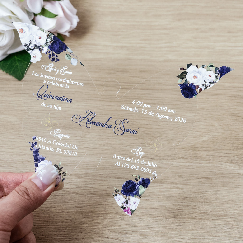 PONATIA 1mm/0.04" Navy Blue Butterfly Clear Acrylic Quinceanera Invitation Card with Envelopes