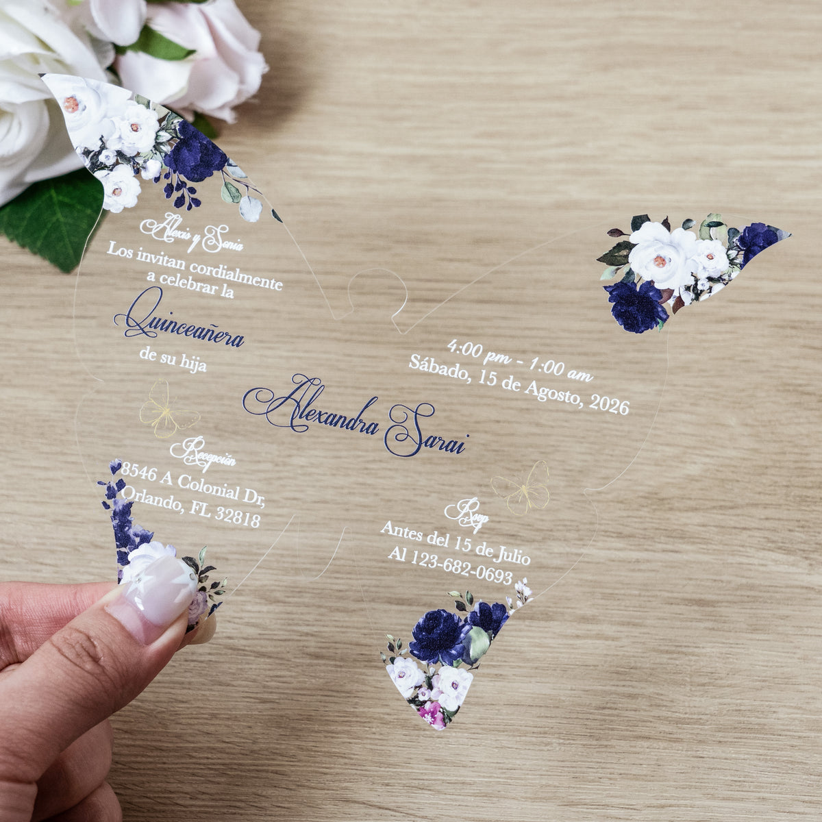 PONATIA 1mm/0.04" Navy Blue Butterfly Clear Acrylic Quinceanera Invitation Card with Envelopes