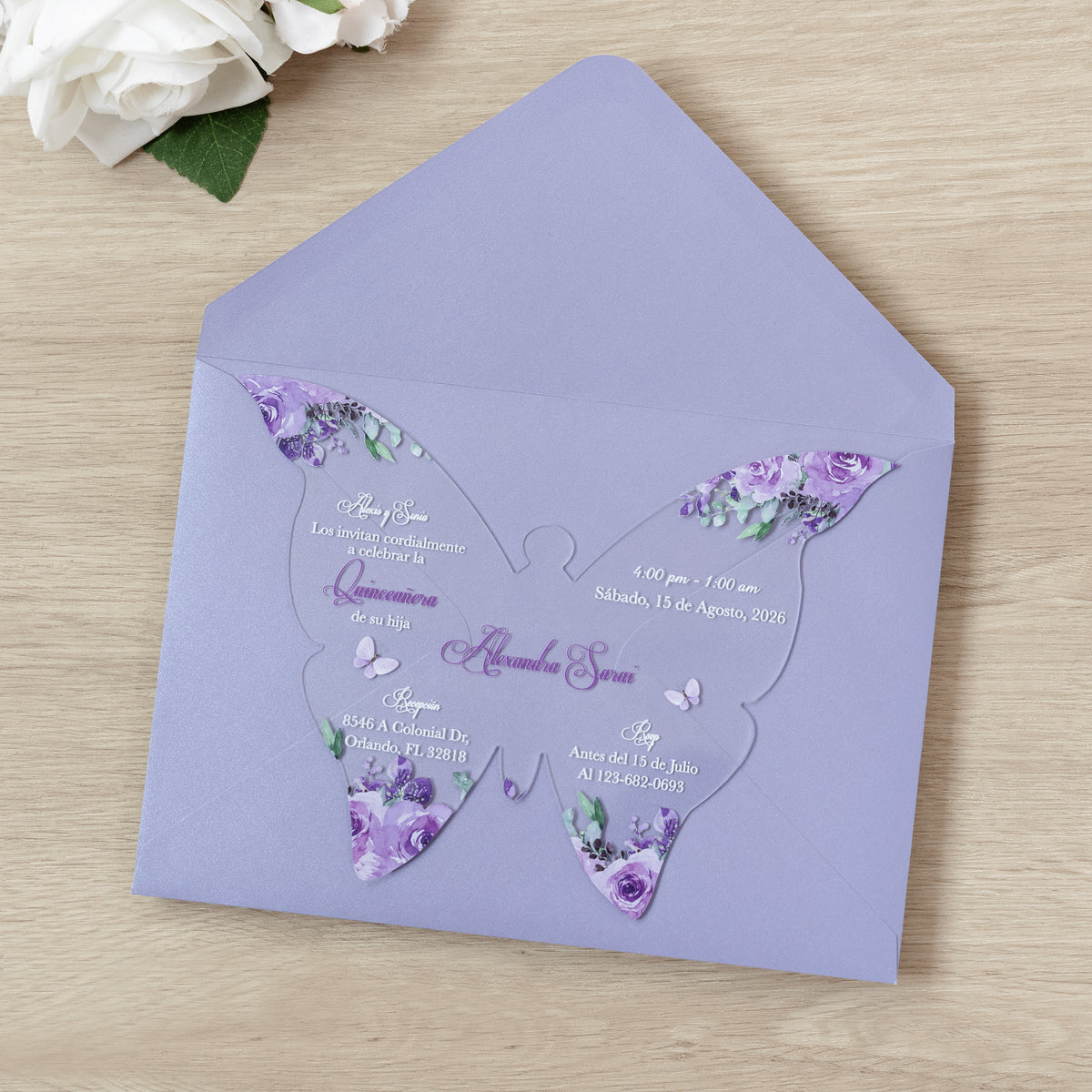 PONATIA 1mm/0.04" Lilac Butterfly Clear Acrylic Quinceanera Invitation Card with Envelopes