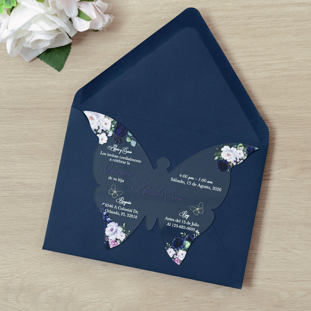 PONATIA 1mm/0.04" Navy Blue Butterfly Clear Acrylic Quinceanera Invitation Card with Envelopes