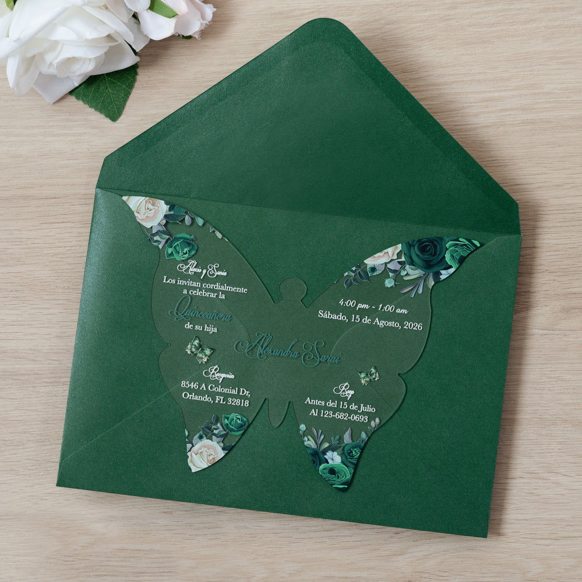PONATIA 1mm/0.04" Emerald Green Butterfly Clear Acrylic Quinceanera Invitation Card with Envelopes
