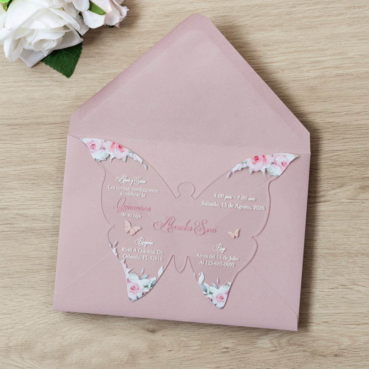 PONATIA 1mm/0.04" Dusty Rose Butterfly Clear Acrylic Quinceanera Invitation Card with Envelope