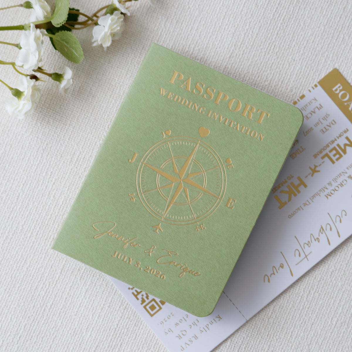 PONATIA Sage Green Wedding Passport Invite & Mirror Tag Passport Invitation Suite