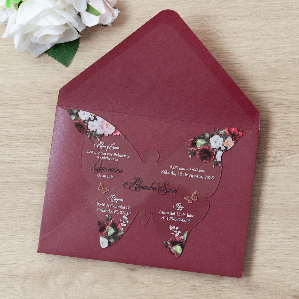PONATIA 1mm/0.04" Burgundy Butterfly Clear Acrylic Quinceanera Invitation Card with Envelope