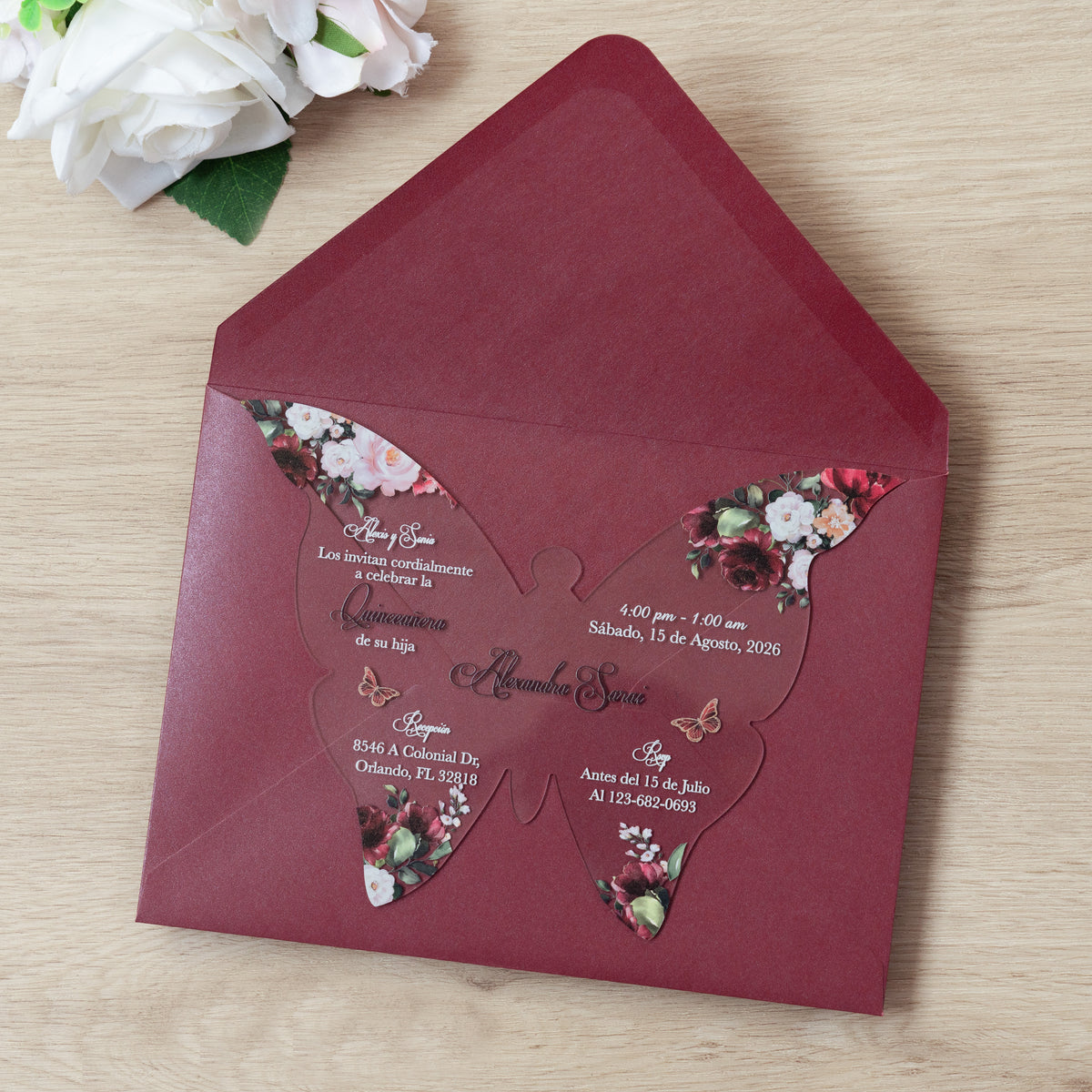 PONATIA 1mm/0.04" Burgundy Butterfly Clear Acrylic Quinceanera Invitation Card with Envelope