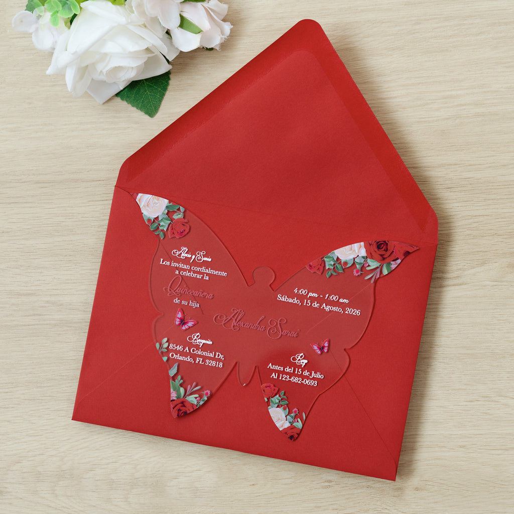 PONATIA 1mm/0.04" Red Butterfly Clear Acrylic Quinceanera Invitation Card with Envelopes