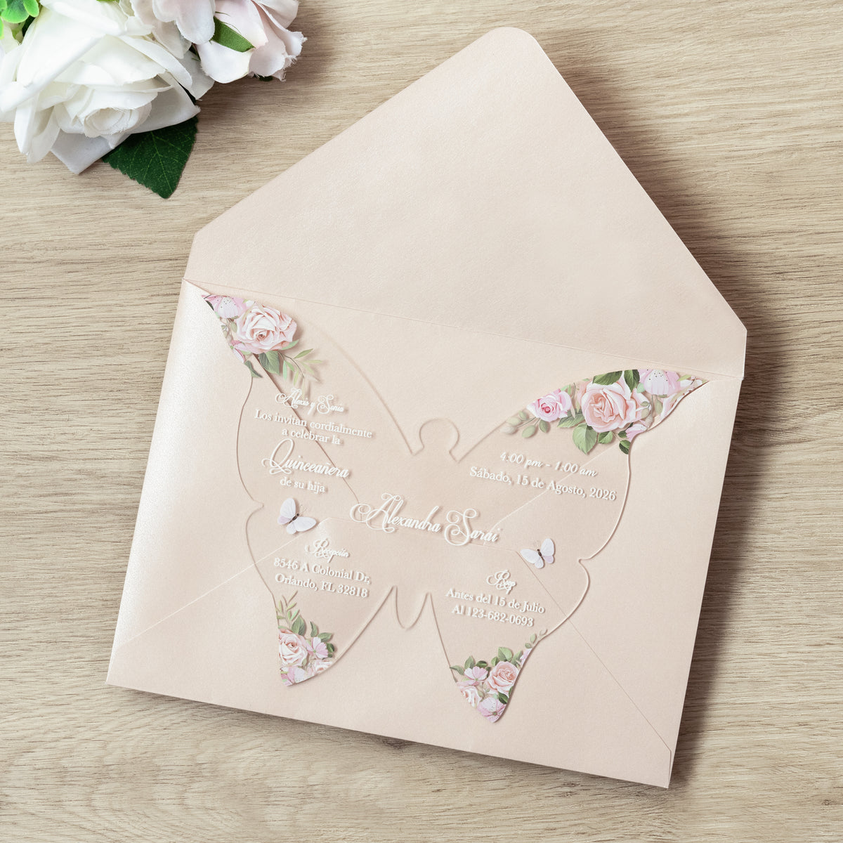 PONATIA 1mm/0.04" Blush Pink Butterfly Clear Acrylic Quinceanera Invitation Card with Envelopes