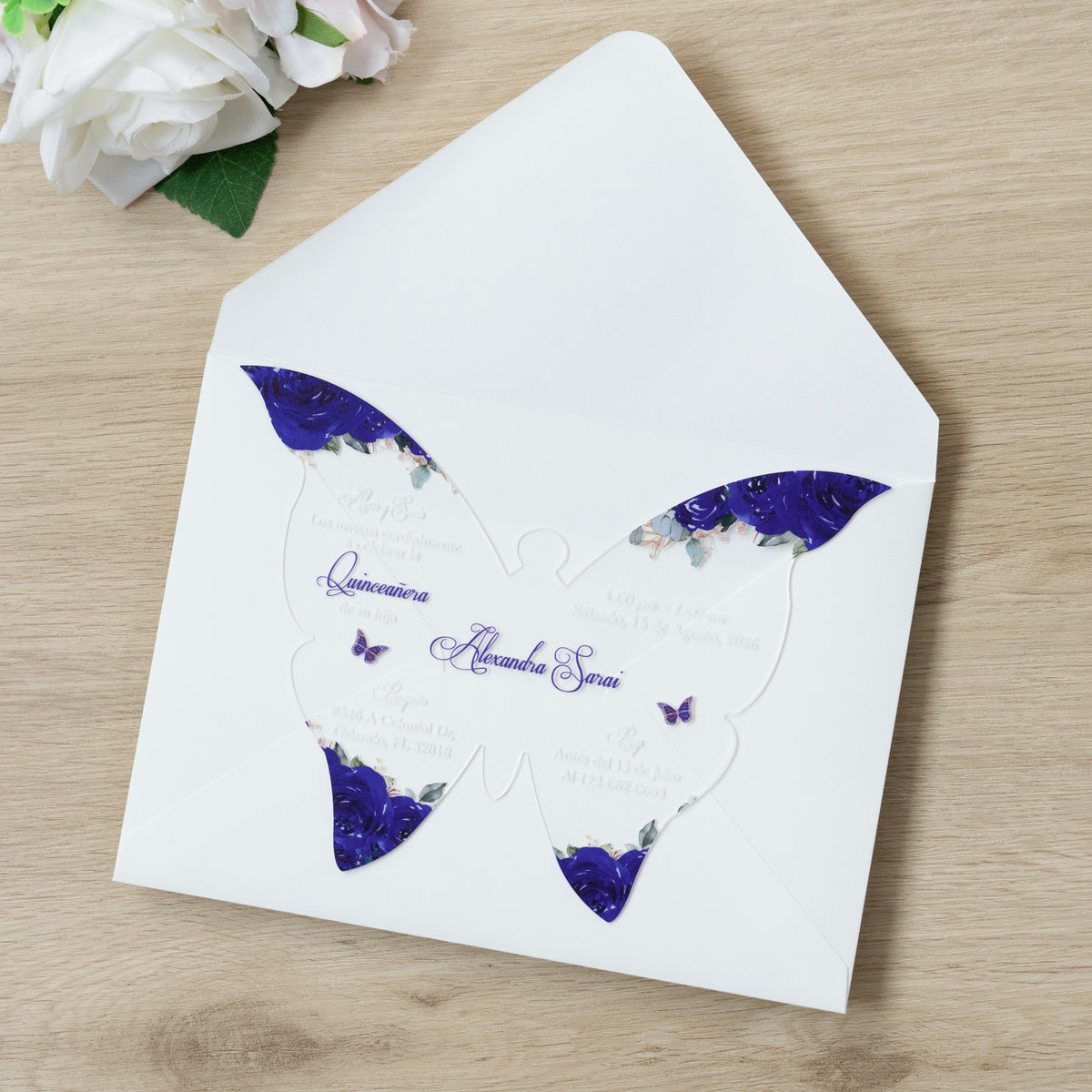 PONATIA 1mm/0.04" Royal Blue Butterfly Clear Acrylic Quinceanera Invitation Card with Envelopes