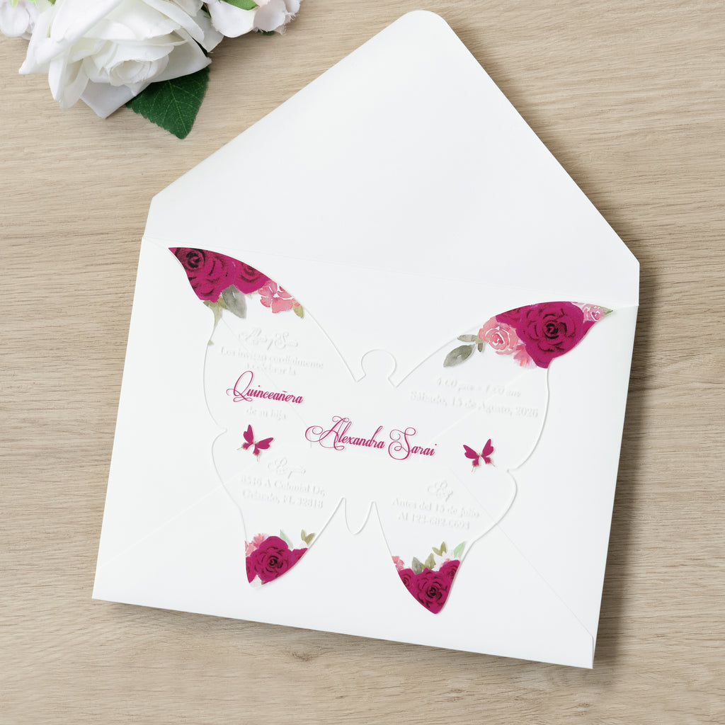 PONATIA 1mm/0.04" Fuchsia Butterfly Clear Acrylic Quinceanera Invitation Card with Envelopes