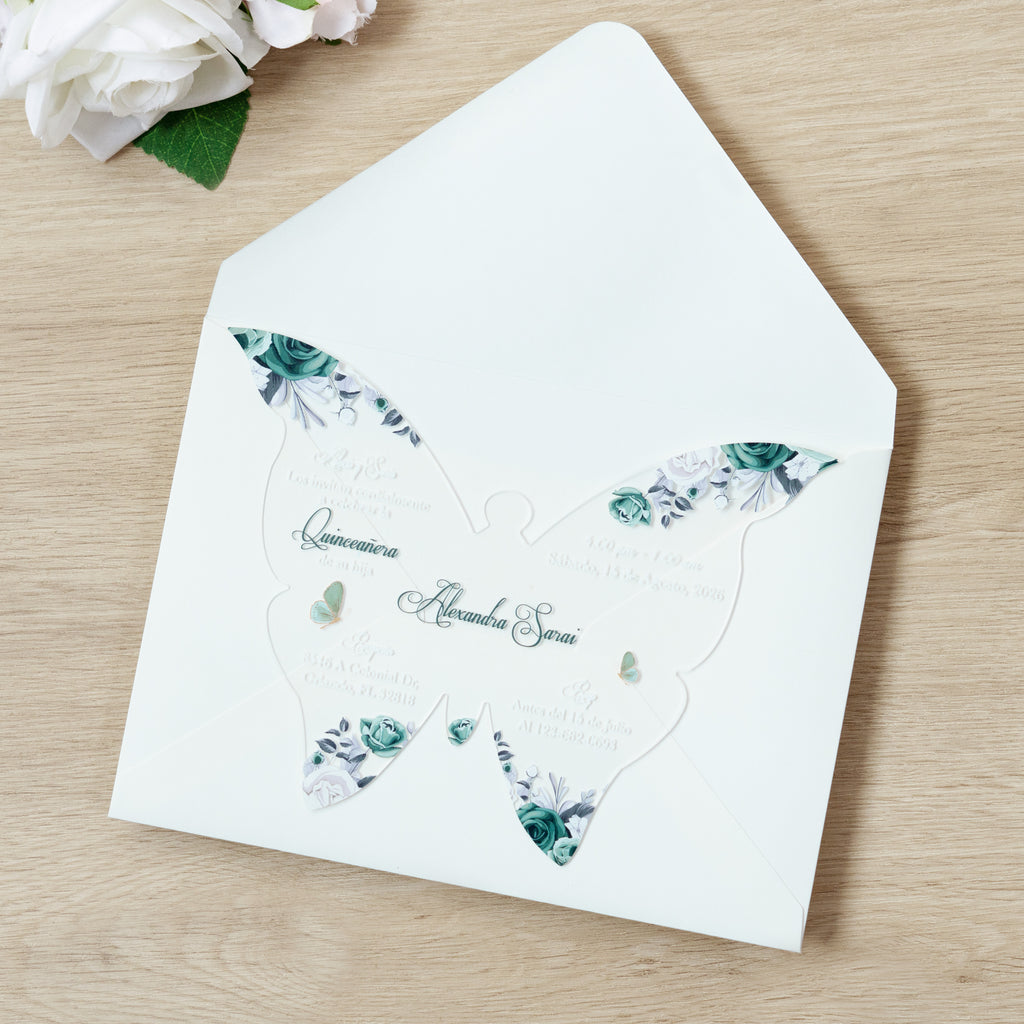 PONATIA 1mm/0.04" Emerald Green Butterfly Clear Acrylic Quinceanera Invitation Card with Envelopes