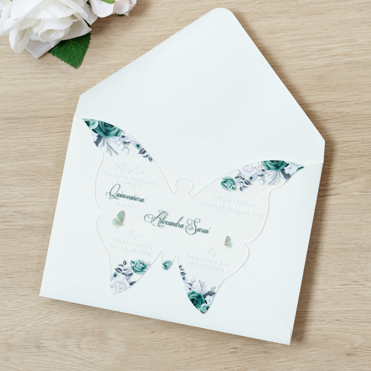 PONATIA 1mm/0.04" Emerald Green Butterfly Clear Acrylic Quinceanera Invitation Card with Envelopes