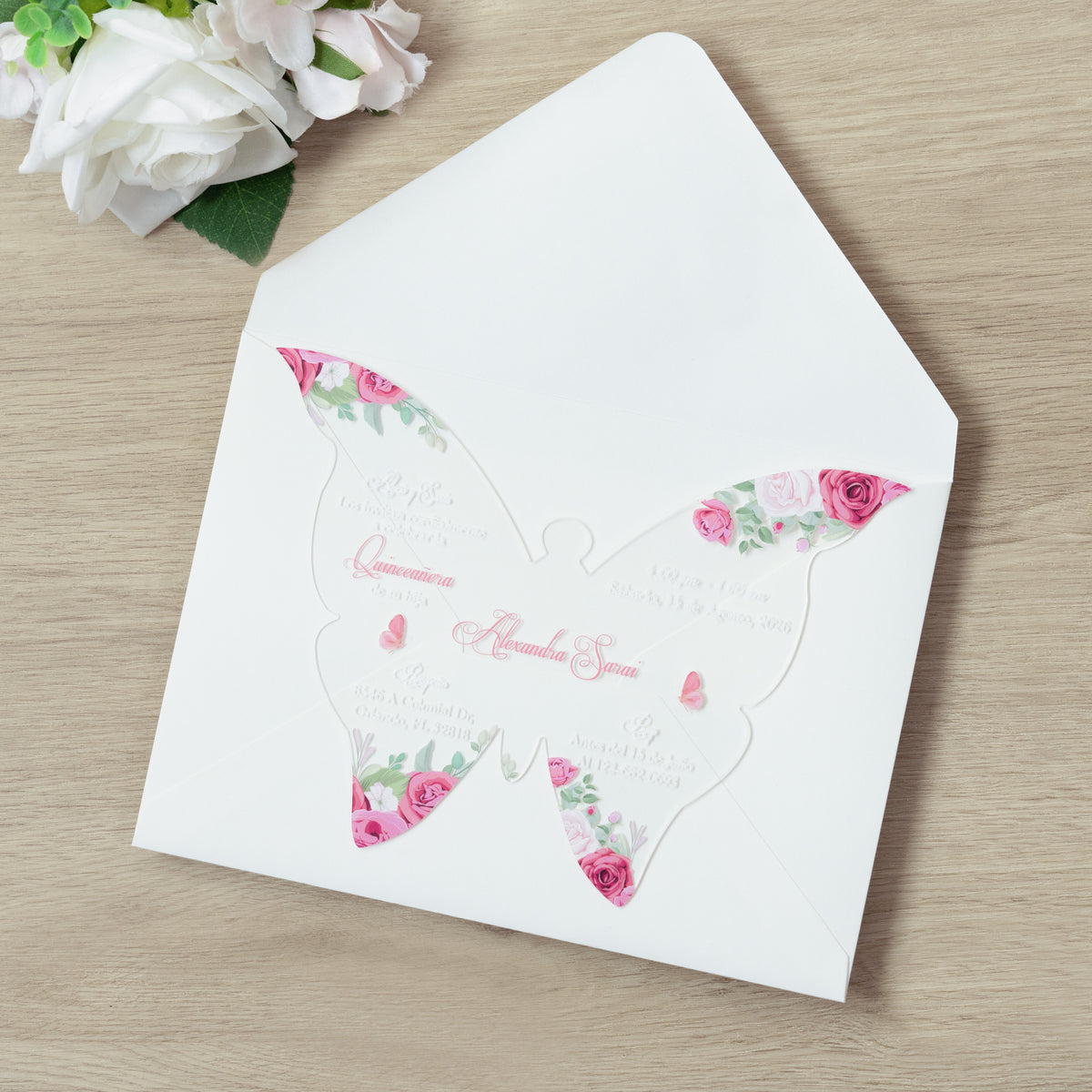 PONATIA 1mm/0.04" Dusty Rose Butterfly Clear Acrylic Quinceanera Invitation Card with Envelopes