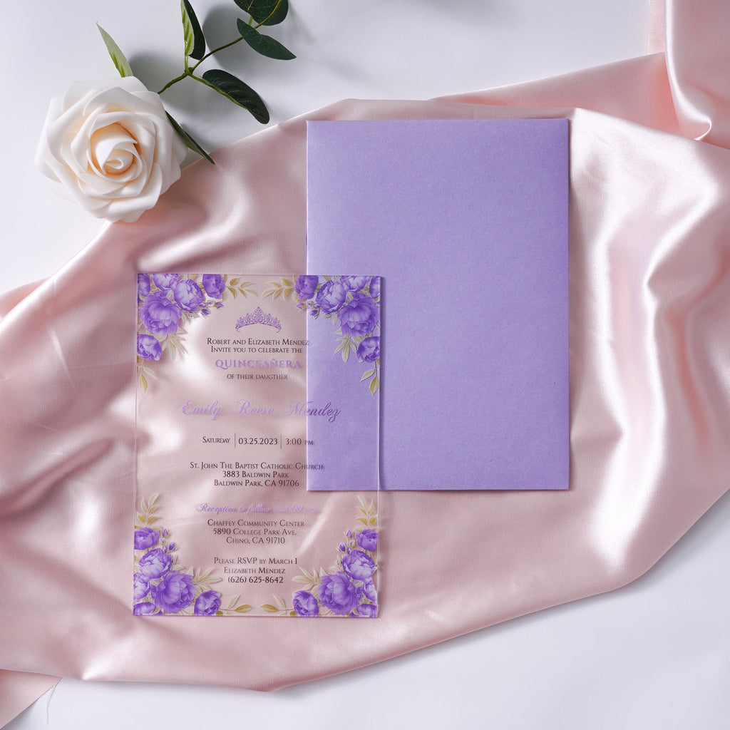 PONATIA 1mm/0.04" Lilac Clear Acrylic Quinceanera Invitation Cards with Envelopes