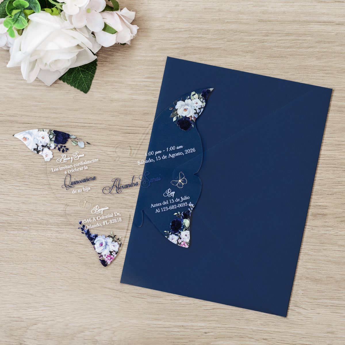 PONATIA 1mm/0.04" Navy Blue Butterfly Clear Acrylic Quinceanera Invitation Card with Envelopes