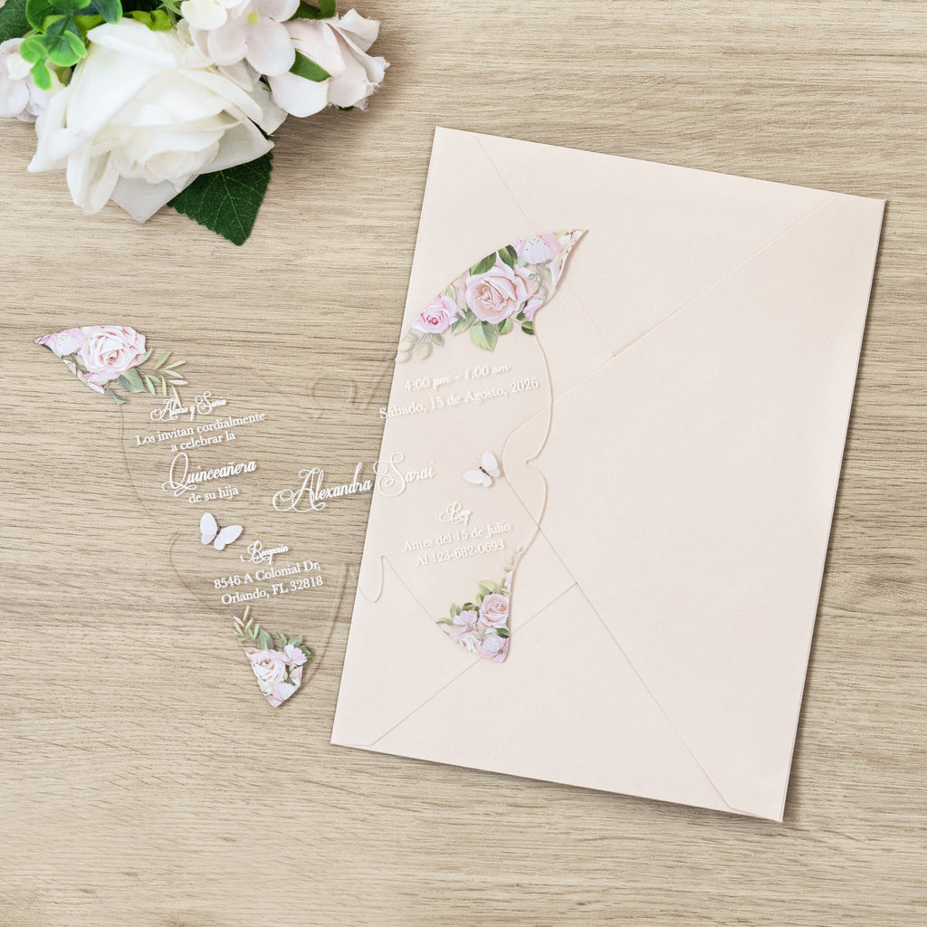 PONATIA 1mm/0.04" Blush Pink Butterfly Clear Acrylic Quinceanera Invitation Card with Envelopes