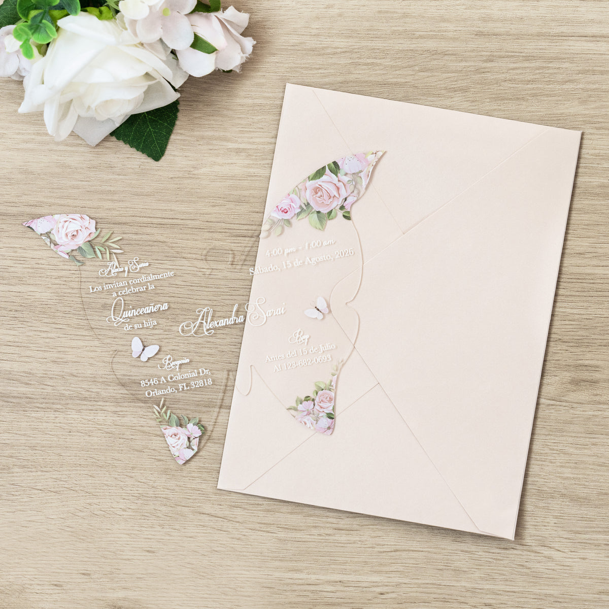 PONATIA 1mm/0.04" Blush Pink Butterfly Clear Acrylic Quinceanera Invitation Card with Envelopes