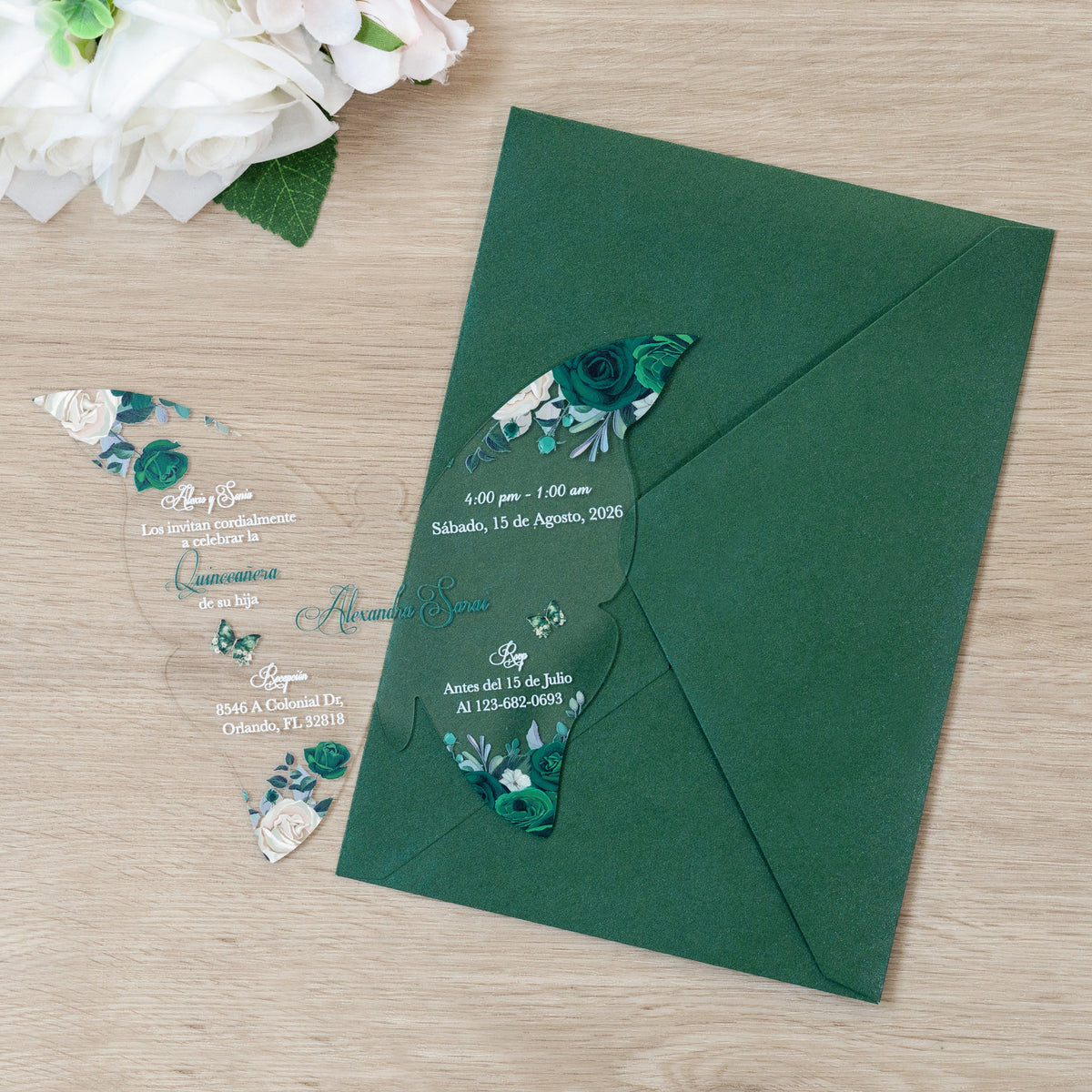 PONATIA 1mm/0.04" Emerald Green Butterfly Clear Acrylic Quinceanera Invitation Card with Envelopes