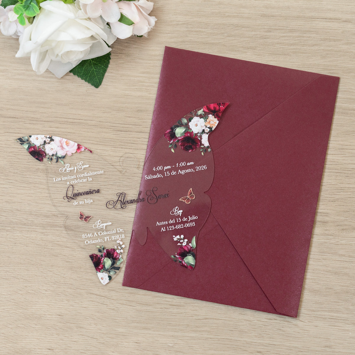 PONATIA 1mm/0.04" Burgundy Butterfly Clear Acrylic Quinceanera Invitation Card with Envelope