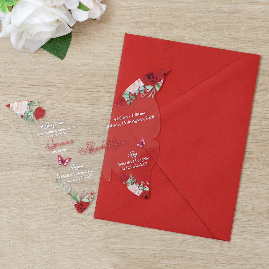 PONATIA 1mm/0.04" Red Butterfly Clear Acrylic Quinceanera Invitation Card with Envelopes