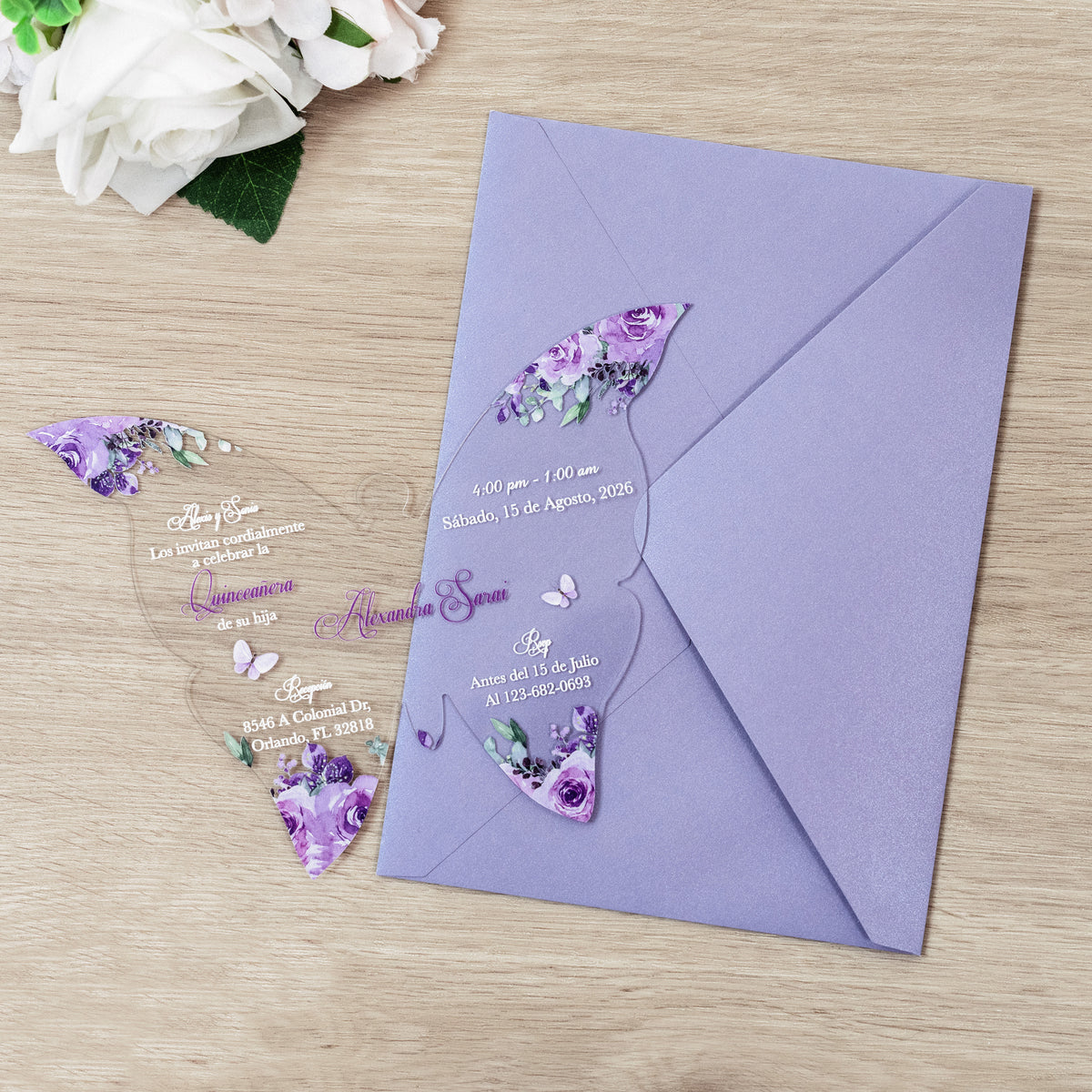 PONATIA 1mm/0.04" Lilac Butterfly Clear Acrylic Quinceanera Invitation Card with Envelopes