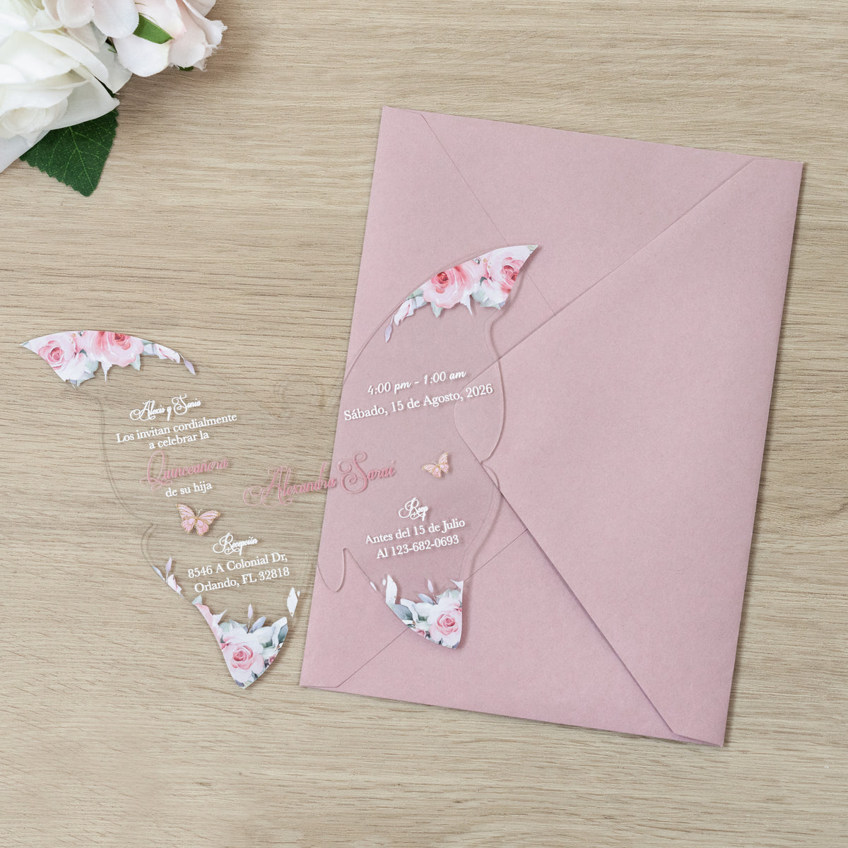 PONATIA 1mm/0.04" Dusty Rose Butterfly Clear Acrylic Quinceanera Invitation Card with Envelope