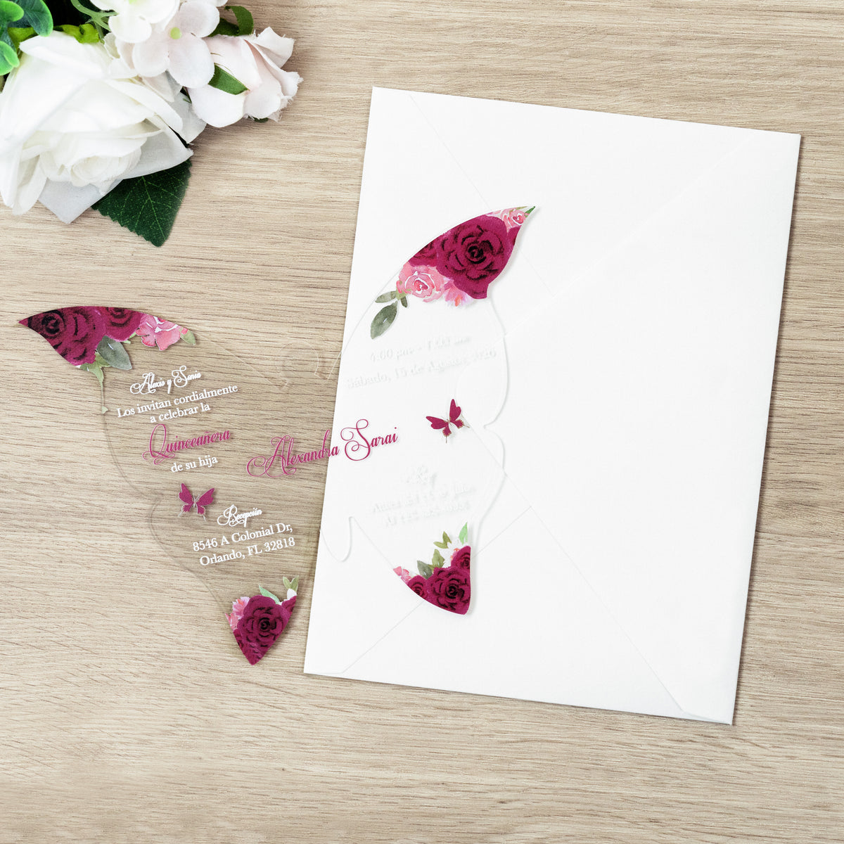 PONATIA 1mm/0.04" Fuchsia Butterfly Clear Acrylic Quinceanera Invitation Card with Envelopes
