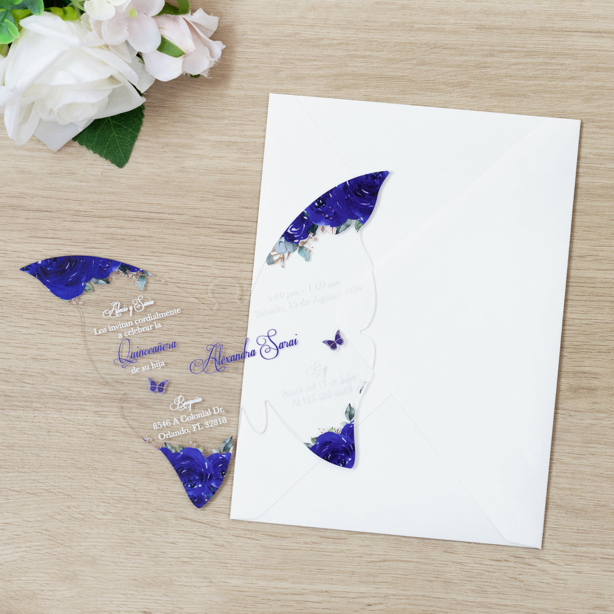 PONATIA 1mm/0.04" Royal Blue Butterfly Clear Acrylic Quinceanera Invitation Card with Envelopes