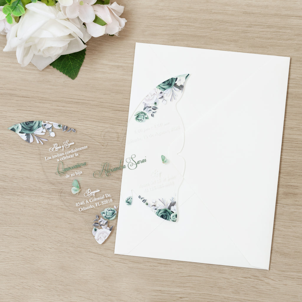PONATIA 1mm/0.04" Emerald Green Butterfly Clear Acrylic Quinceanera Invitation Card with Envelopes