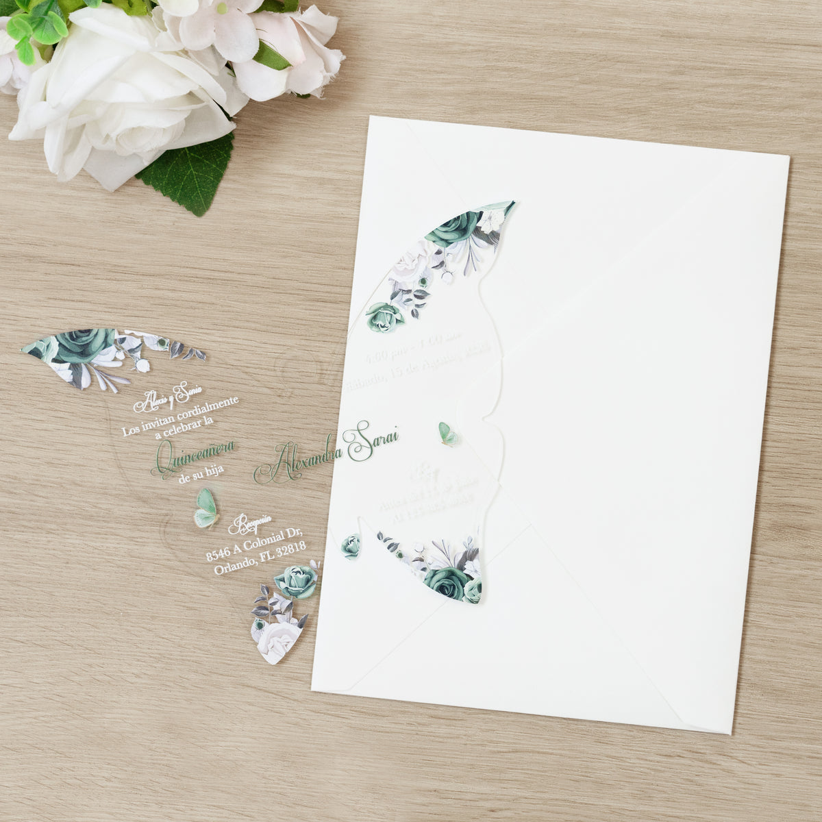 PONATIA 1mm/0.04" Emerald Green Butterfly Clear Acrylic Quinceanera Invitation Card with Envelopes