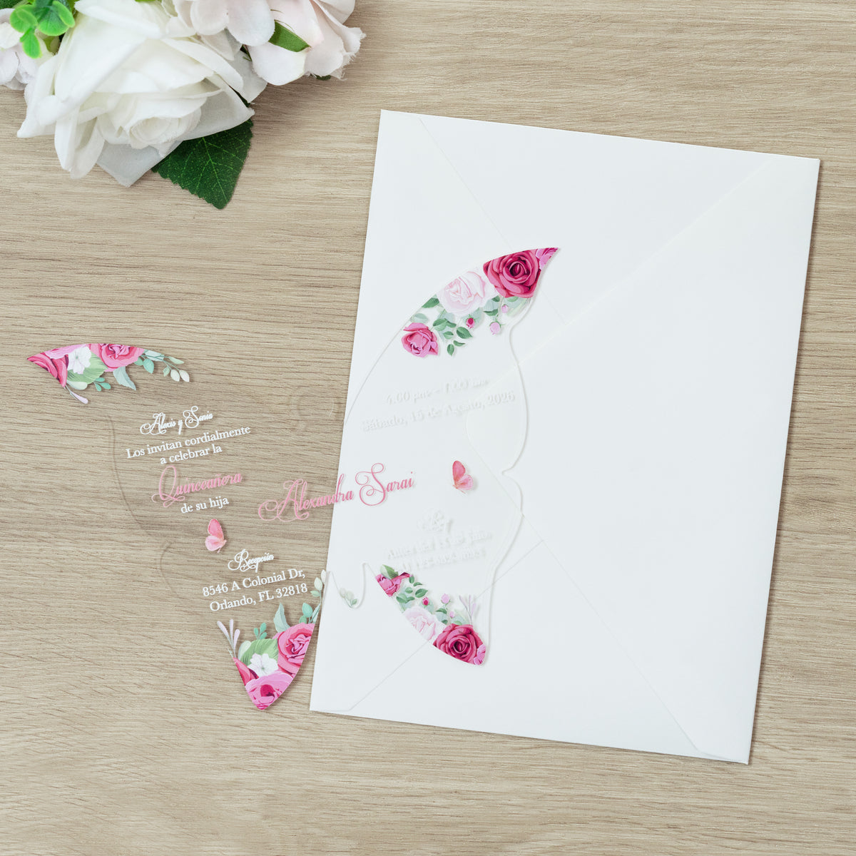 PONATIA 1mm/0.04" Dusty Rose Butterfly Clear Acrylic Quinceanera Invitation Card with Envelopes