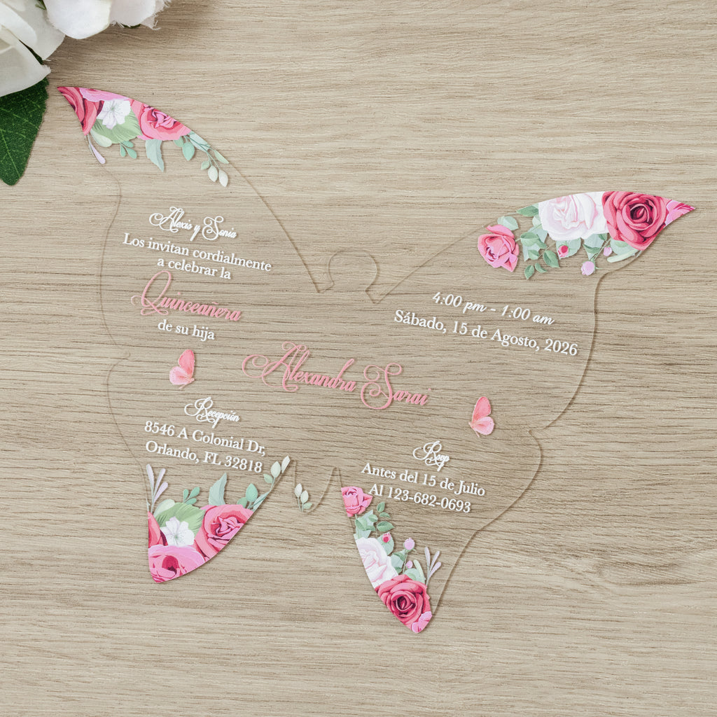 PONATIA 1mm/0.04" Dusty Rose Butterfly Clear Acrylic Quinceanera Invitation Card with Envelopes