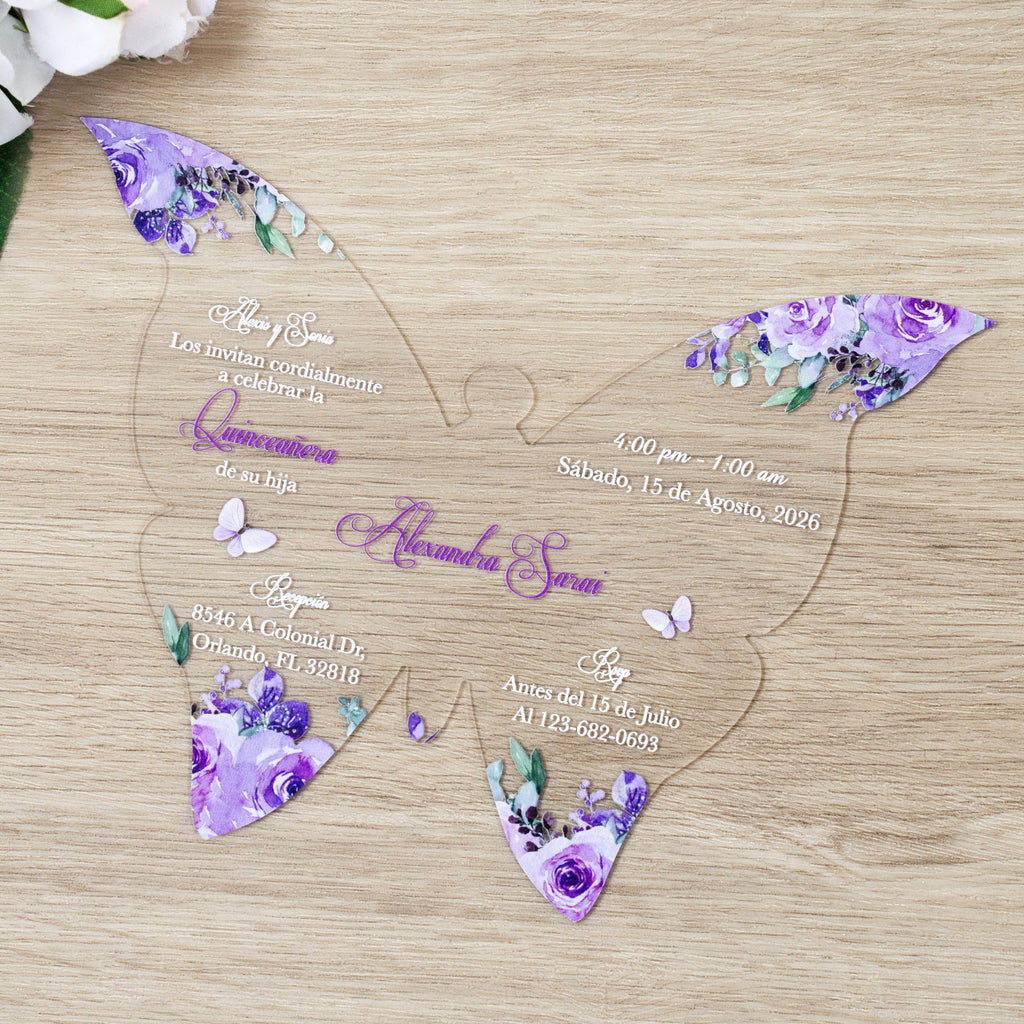PONATIA 1mm/0.04" Lilac Butterfly Clear Acrylic Quinceanera Invitation Card with Envelopes