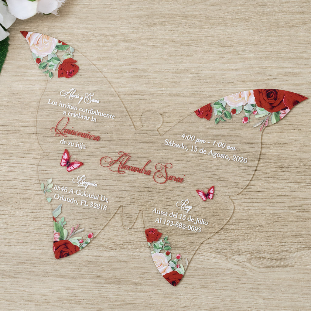PONATIA 1mm/0.04" Red Butterfly Clear Acrylic Quinceanera Invitation Card with Envelopes