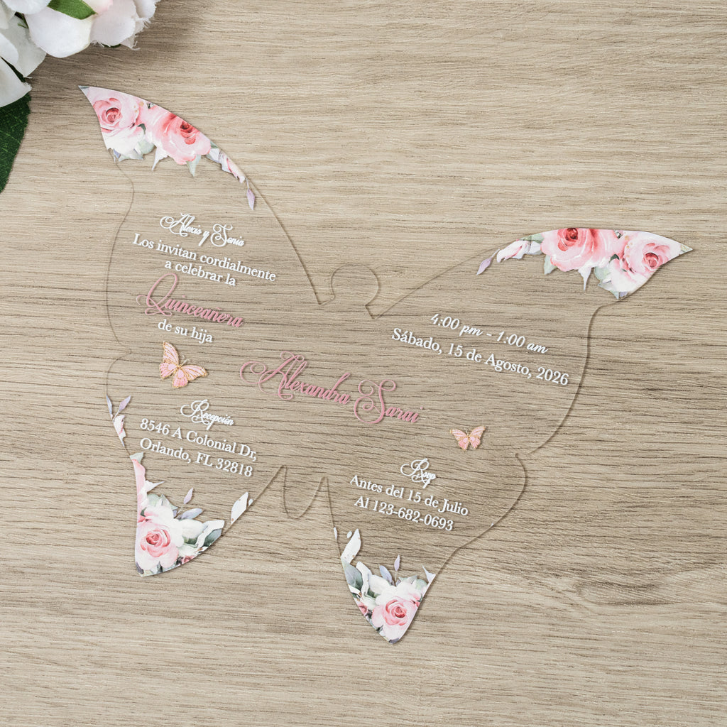 PONATIA 1mm/0.04" Dusty Rose Butterfly Clear Acrylic Quinceanera Invitation Card with Envelope