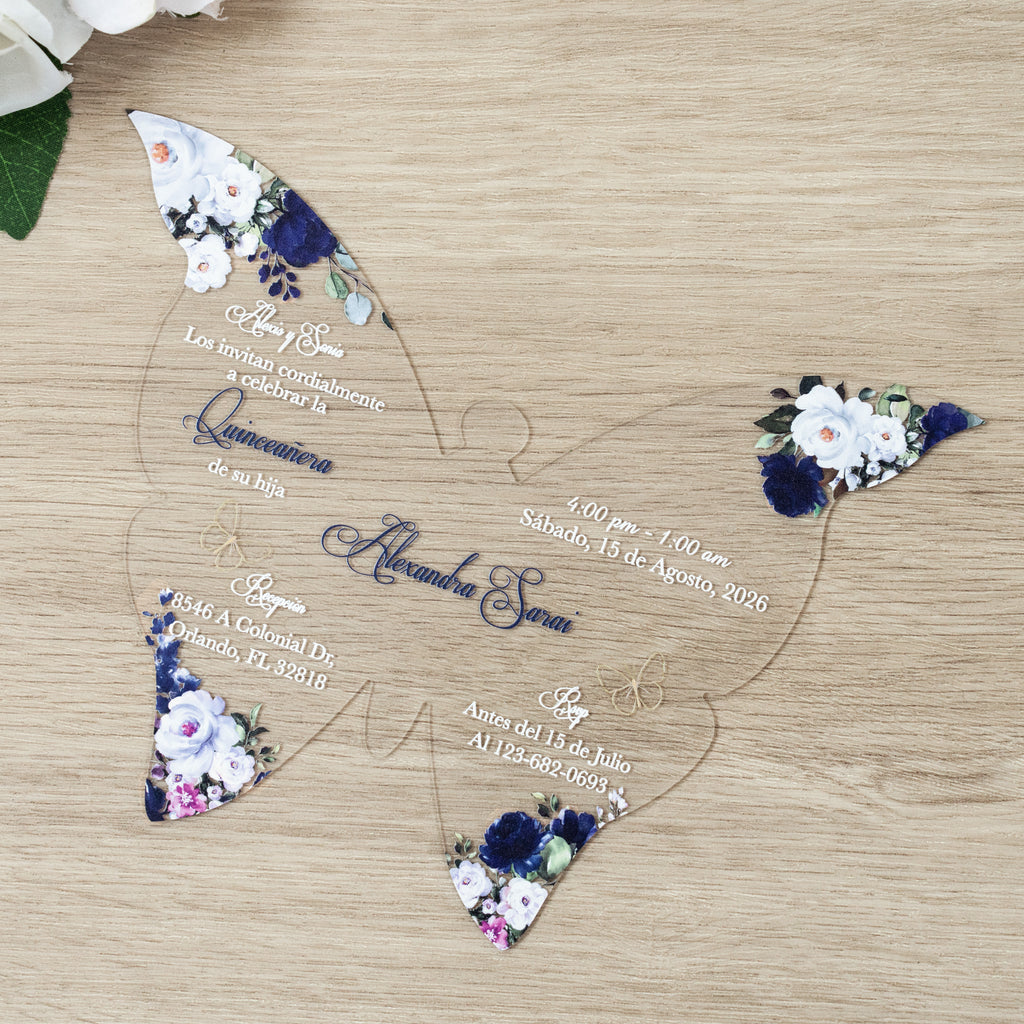 PONATIA 1mm/0.04" Navy Blue Butterfly Clear Acrylic Quinceanera Invitation Card with Envelopes