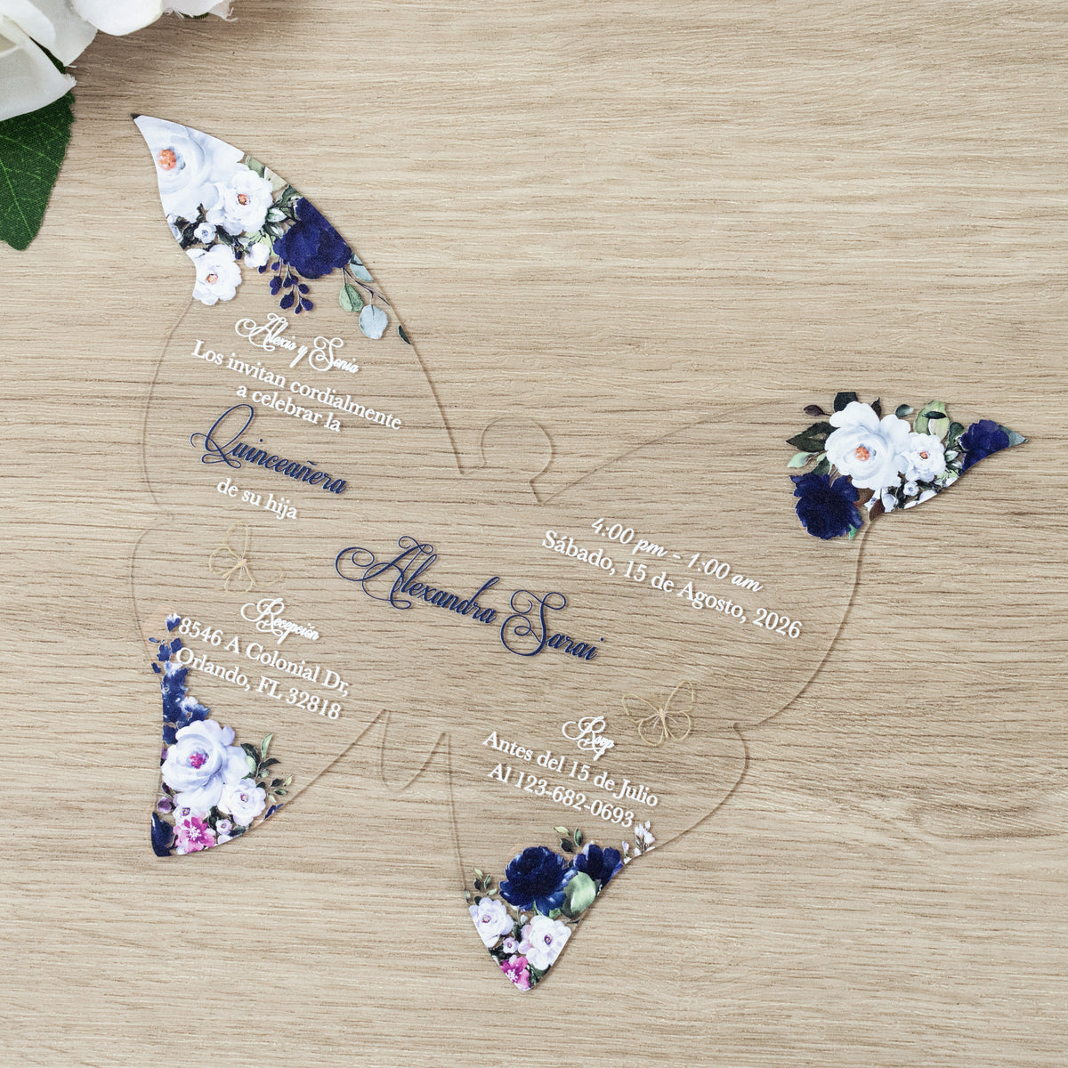 PONATIA 1mm/0.04" Navy Blue Butterfly Clear Acrylic Quinceanera Invitation Card with Envelopes