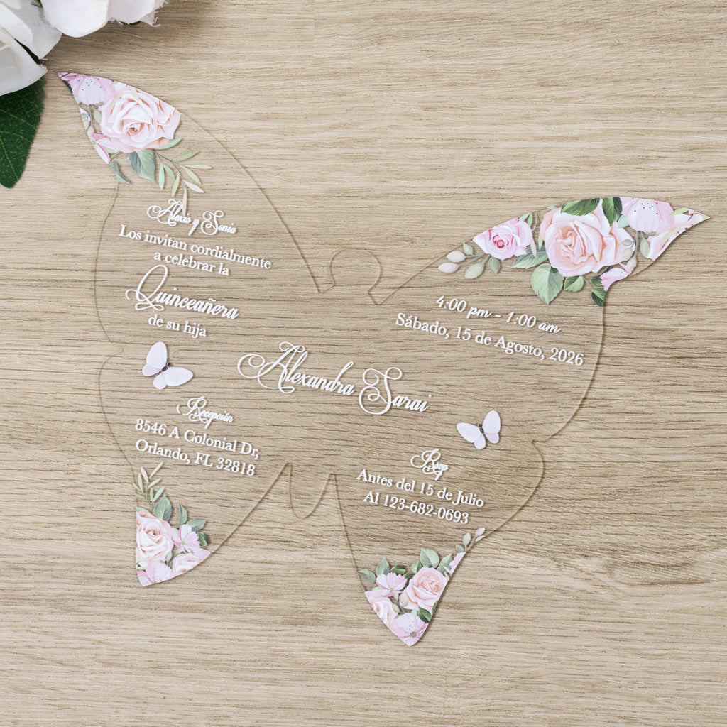 PONATIA 1mm/0.04" Blush Pink Butterfly Clear Acrylic Quinceanera Invitation Card with Envelopes