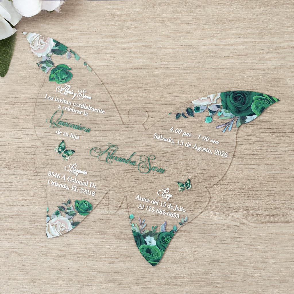 PONATIA 1mm/0.04" Emerald Green Butterfly Clear Acrylic Quinceanera Invitation Card with Envelopes