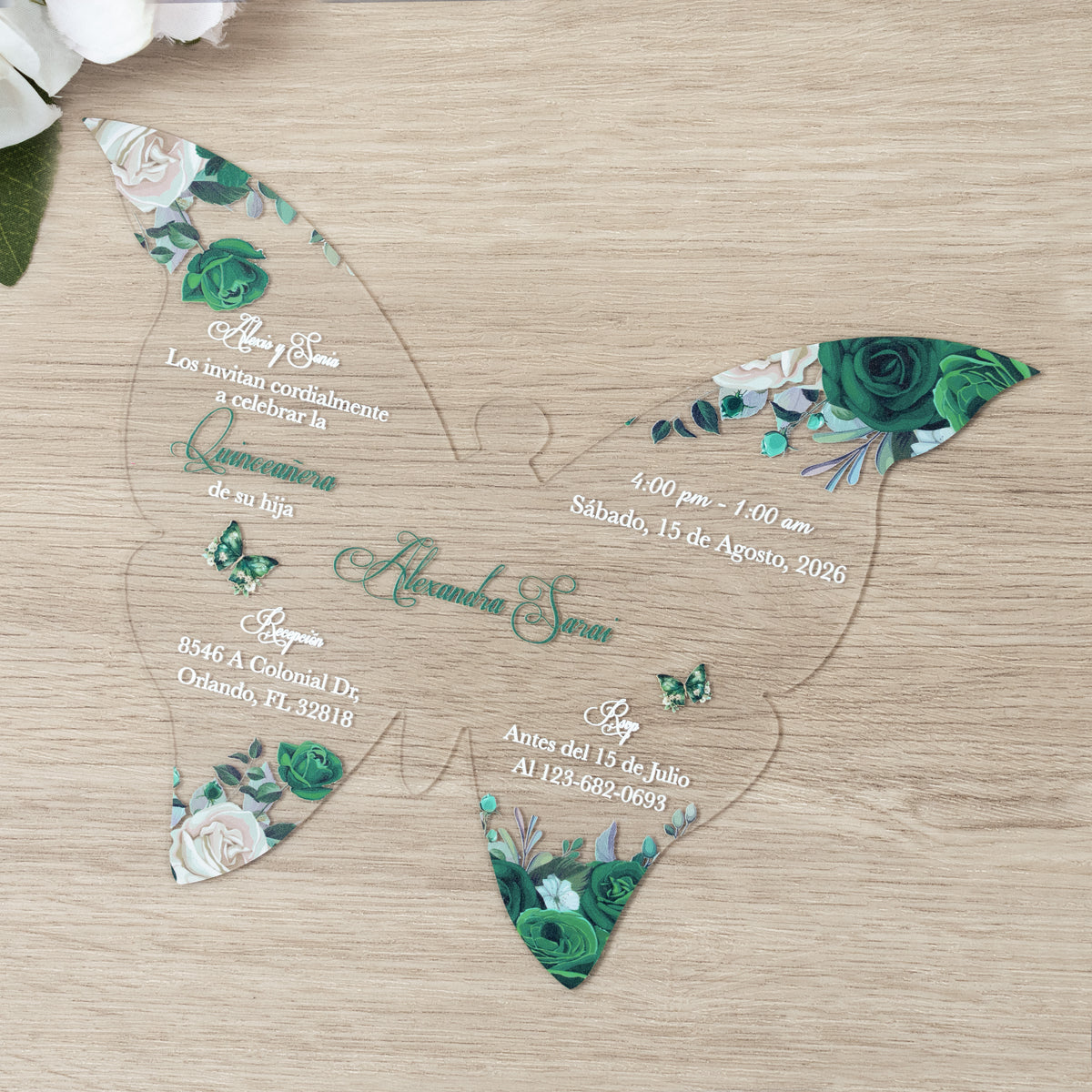 PONATIA 1mm/0.04" Emerald Green Butterfly Clear Acrylic Quinceanera Invitation Card with Envelopes
