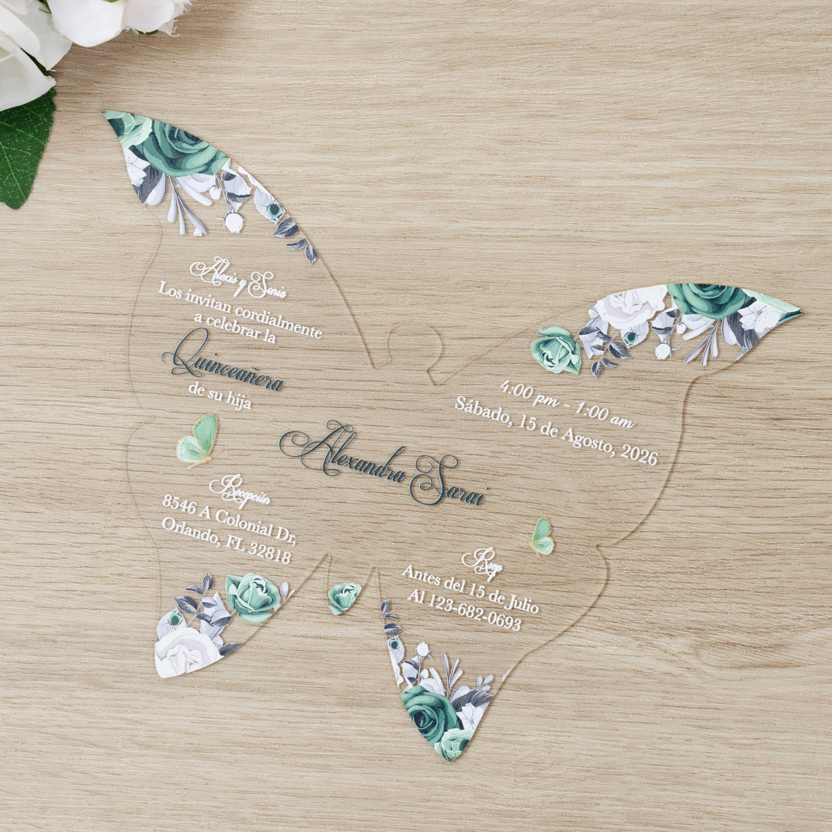 PONATIA 1mm/0.04" Emerald Green Butterfly Clear Acrylic Quinceanera Invitation Card with Envelopes